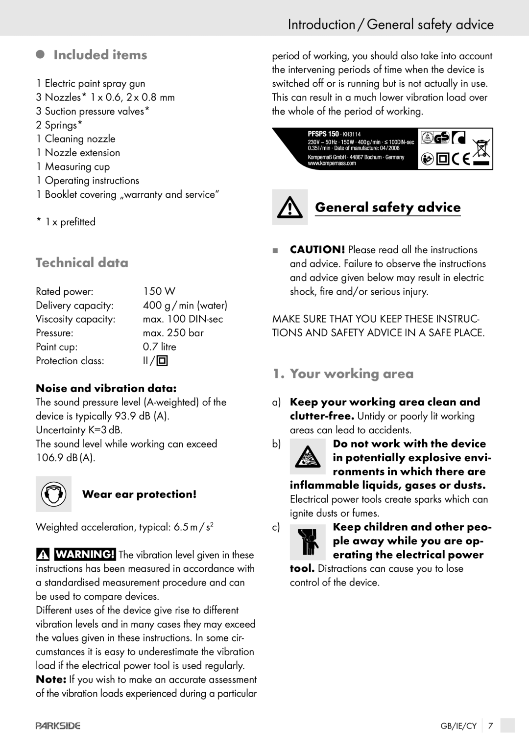 Kompernass PFSPS150 manual Introduction / General safety advice, Included items, Technical data, Your working area 